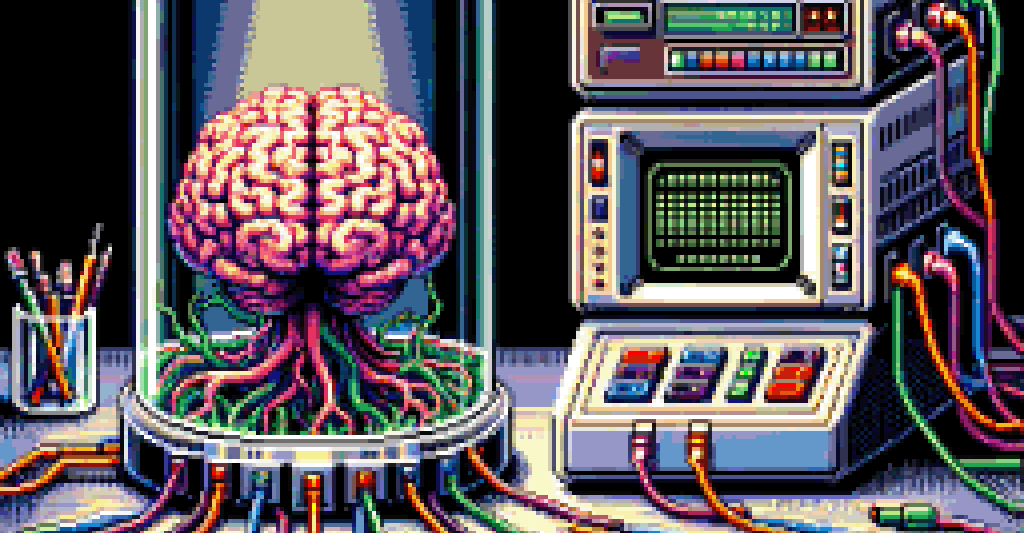 A pixel-art depiction of a brain in a jar that is connected to a computer.