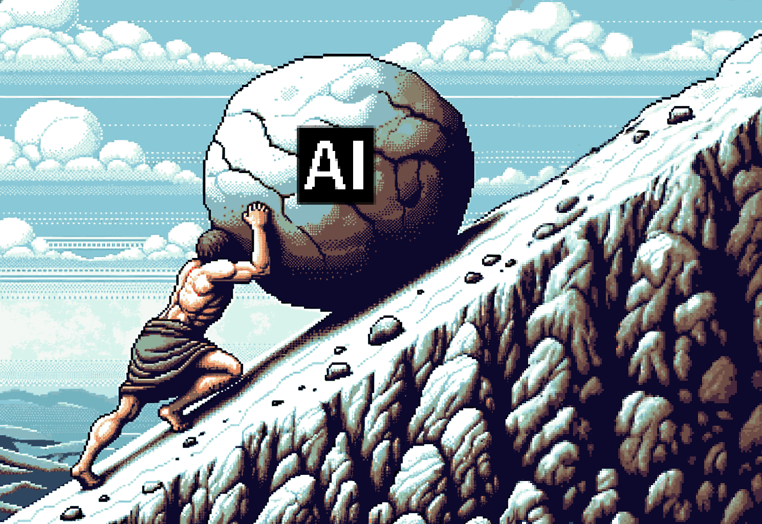 Sisyphus pushes a boulder up a hill. The boulder represents modern AI.